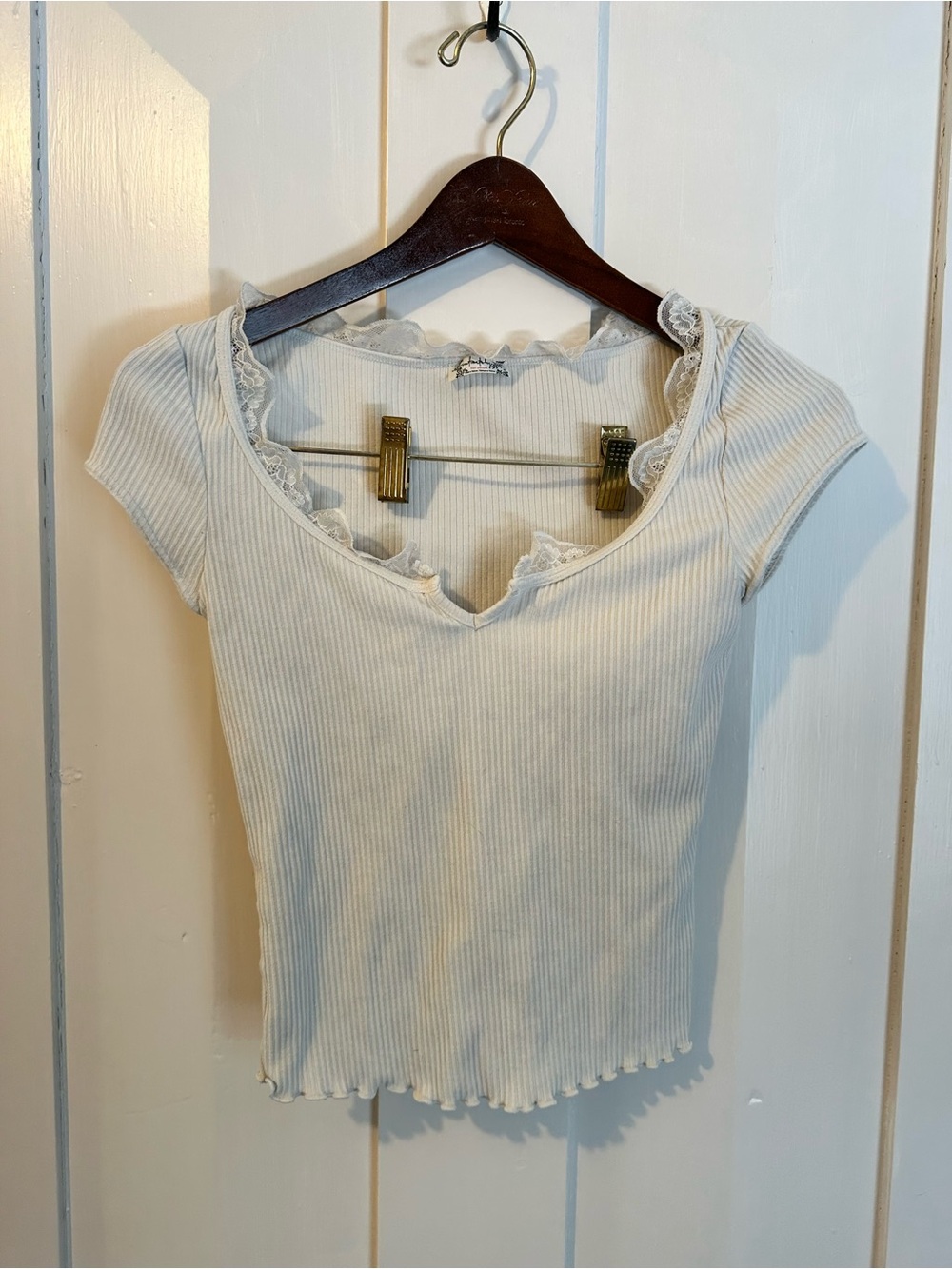 Free People Cream Ribbed Lace-Trim Scoop Crop Top